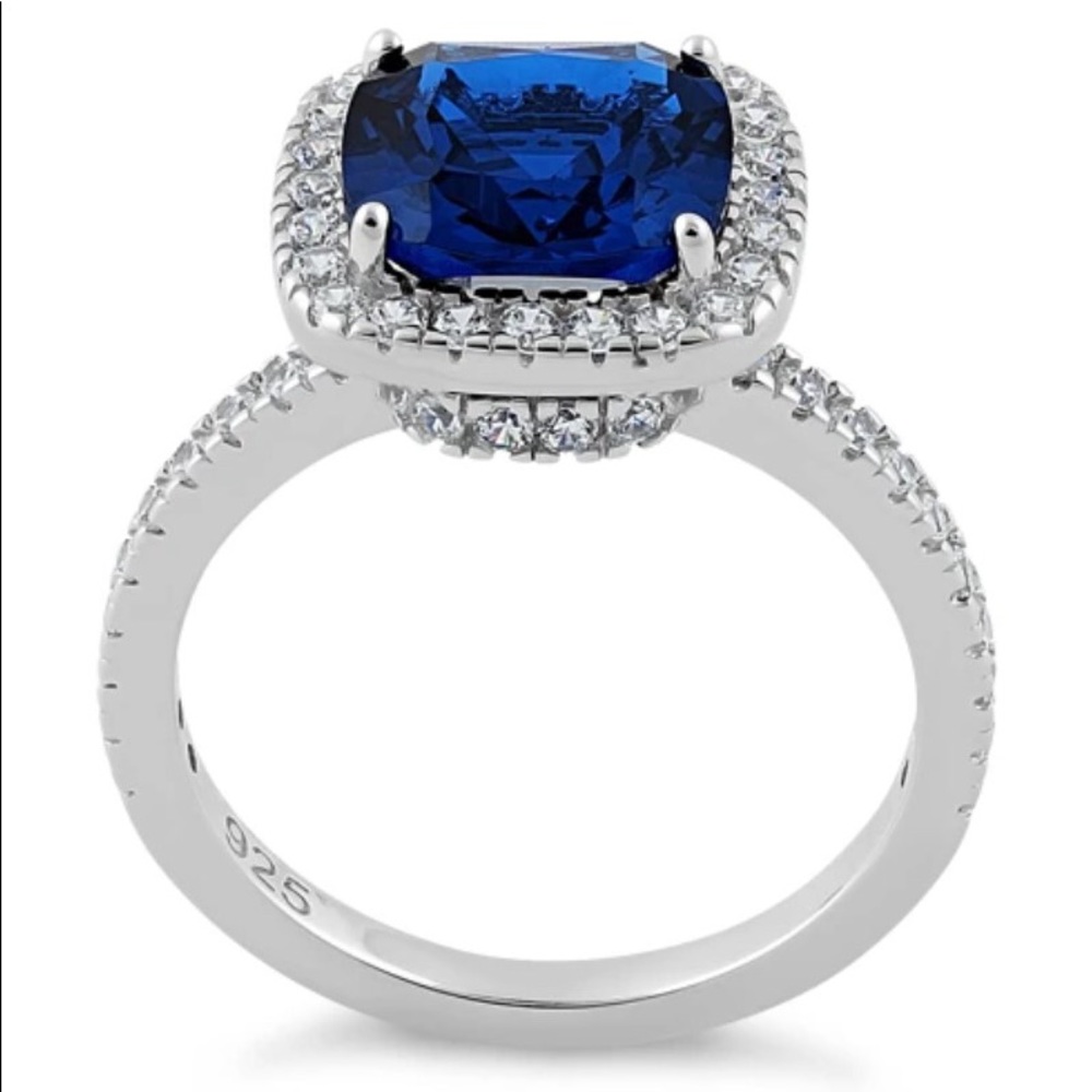 925 STERLING SILVER Cushion Cut Blue Spinel & Cubic Zirconia Halo Ring - Picture 16 of 16